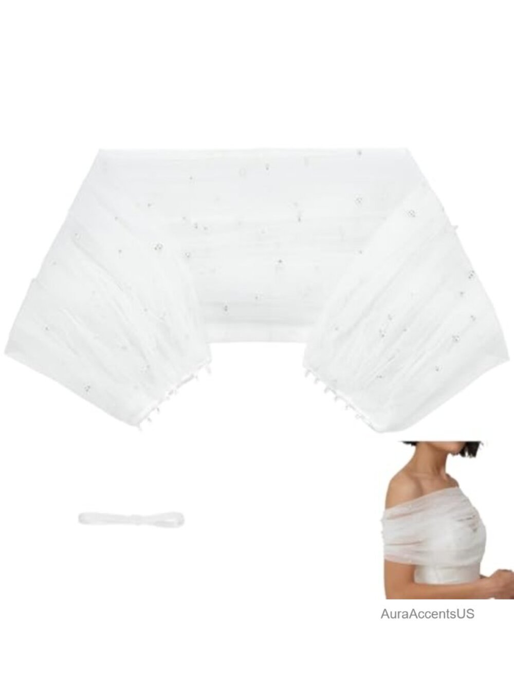 Pearl Embellished Detachable Tulle Shawl One Shoulder Bridal Cape Wrap